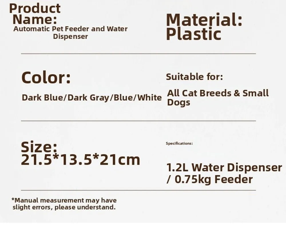 Comedero Automático con Dispensador de Agua para Mascotas – 1.5L Comida / 1.2L Agua – PP+PE
