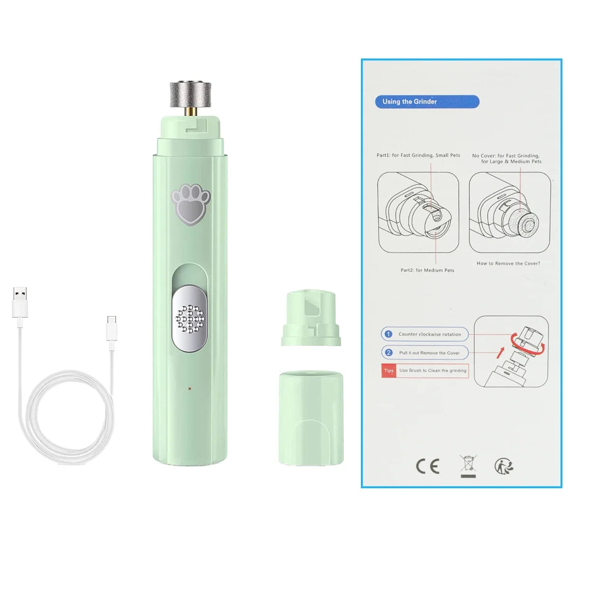 Lima Eléctrica para Uñas de Perros y Gatos – 2 Velocidades – Recargable USB – Blanca/Verde