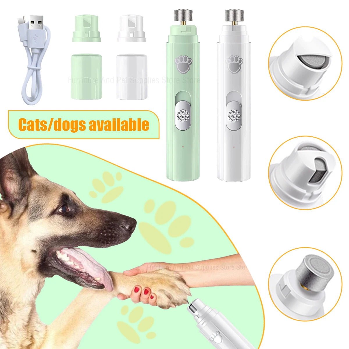 Lima Eléctrica para Uñas de Perros y Gatos – 2 Velocidades – Recargable USB – Blanca/Verde