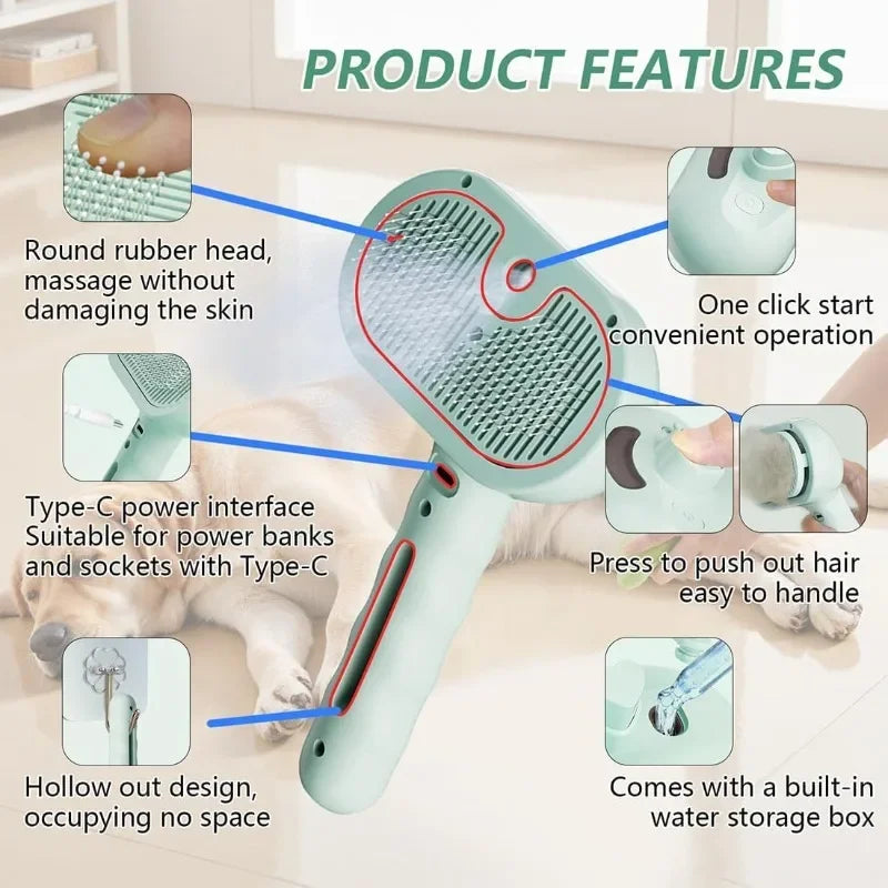 Cepillo de Vapor Eléctrico para Perros y Gatos – Antiestático y Masajeador – Recargable – Rosa/Verde