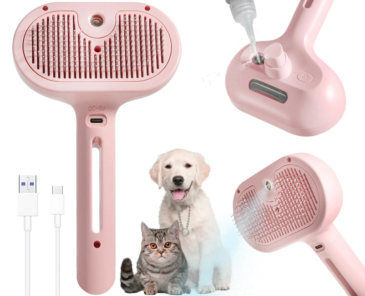 Cepillo de Vapor Eléctrico para Perros y Gatos – Antiestático y Masajeador – Recargable – Rosa/Verde