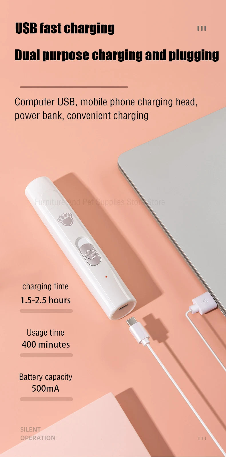 Lima Eléctrica para Uñas de Perros y Gatos – 2 Velocidades – Recargable USB – Blanca/Verde
