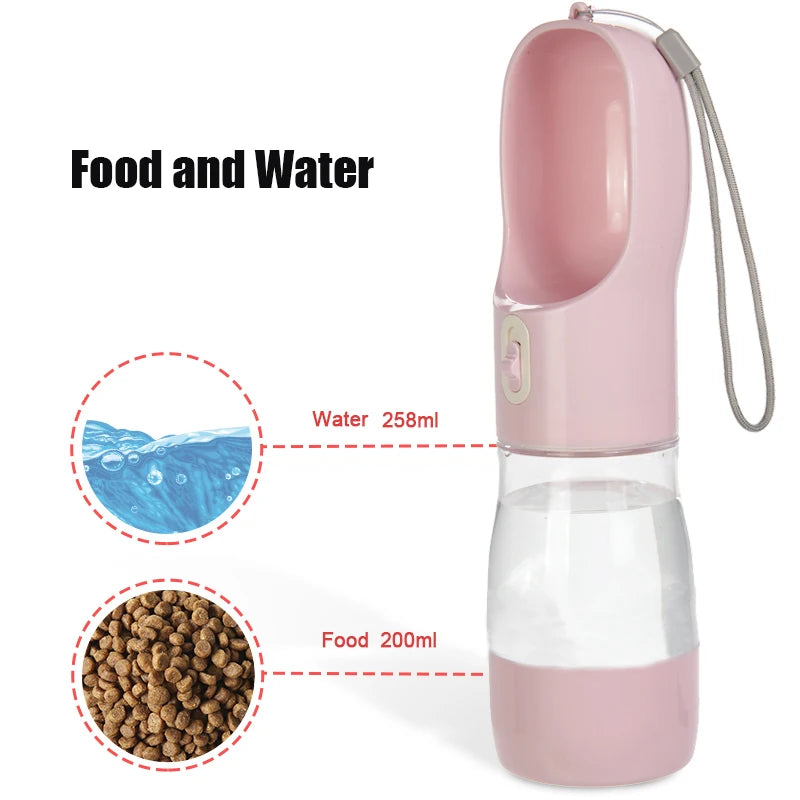 Botella de Agua Portátil 2 en 1 con Comedero para Perros – 258ml – Plástico – Verde/Gris/Rosa