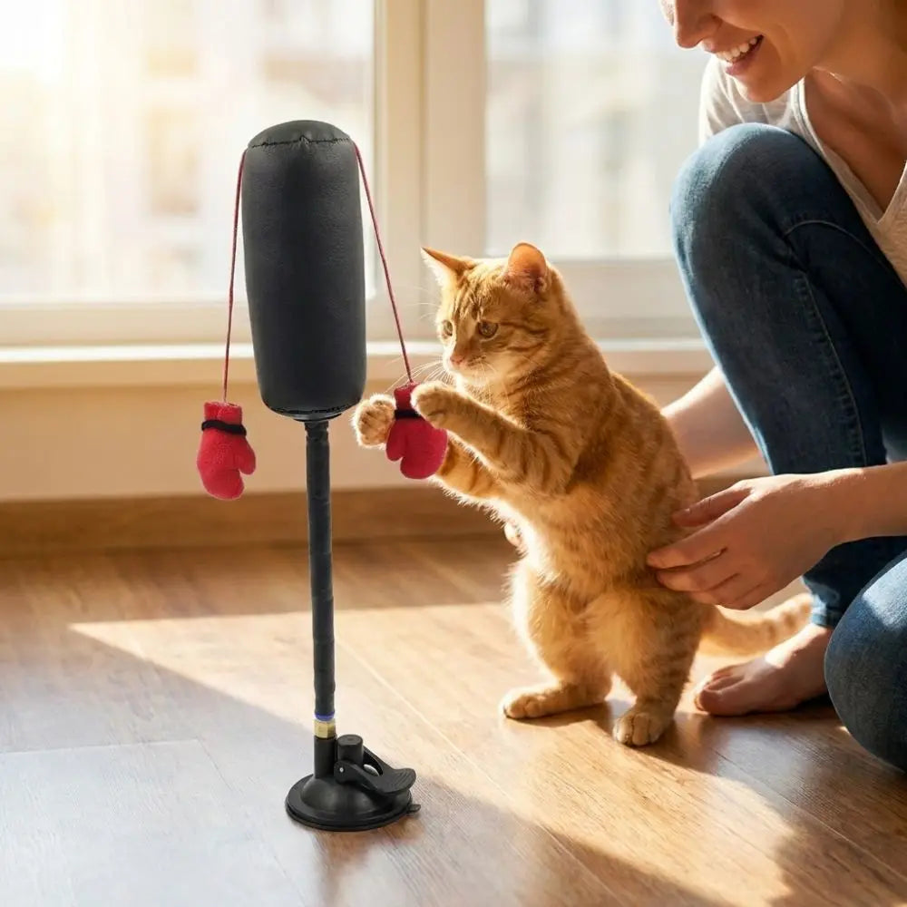 Juguete de Boxeo con Ventosa para Gatos – Enriquecimiento Felino – Nylon/Cuero – 35cm