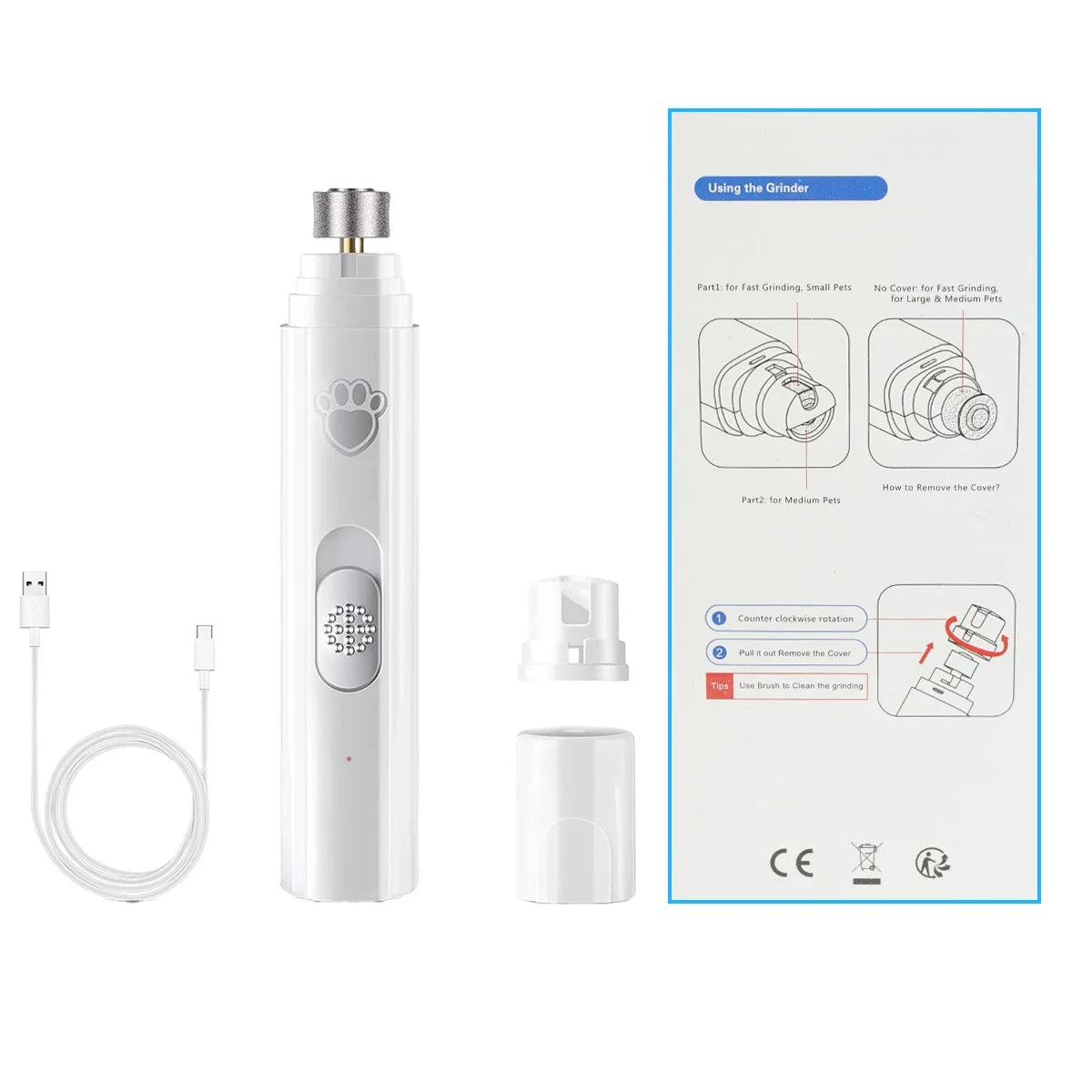 Lima Eléctrica para Uñas de Perros y Gatos – 2 Velocidades – Recargable USB – Blanca/Verde