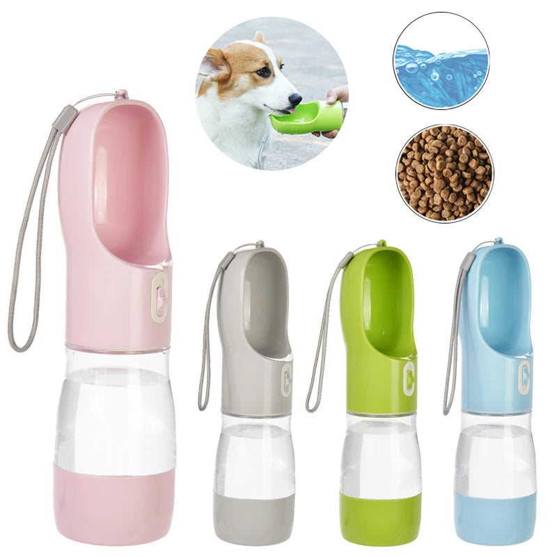 Botella de Agua Portátil 2 en 1 con Comedero para Perros – 258ml – Plástico – Verde/Gris/Rosa