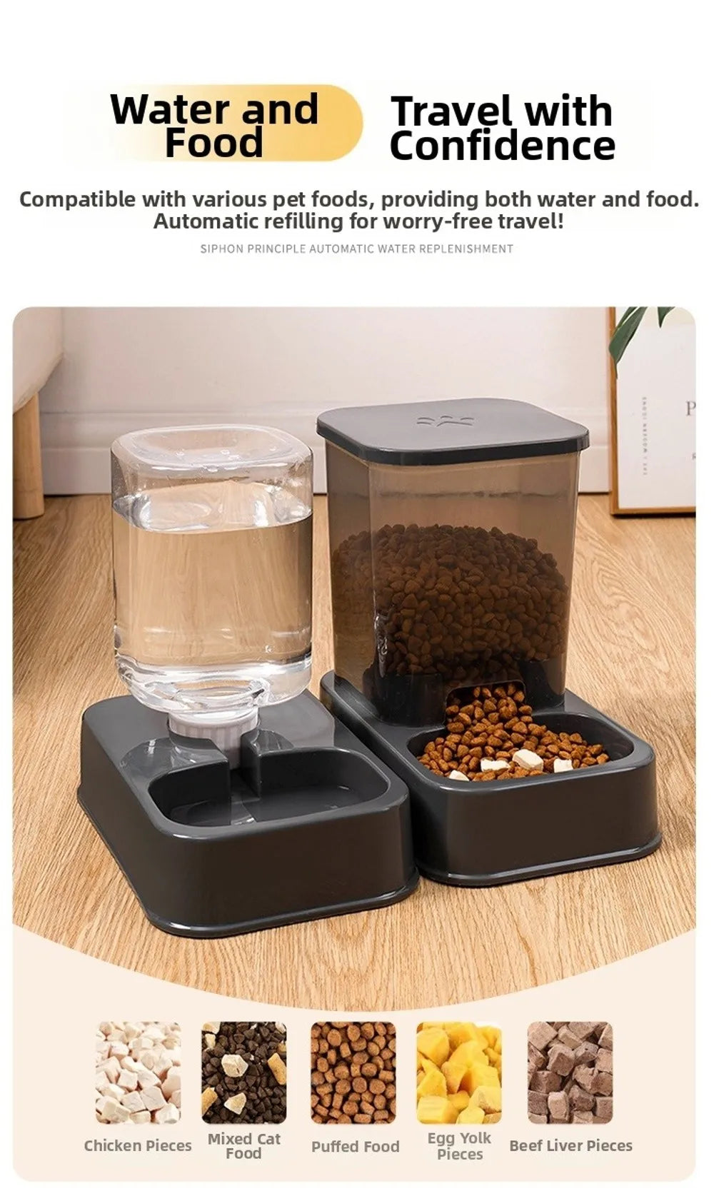 Comedero Automático con Dispensador de Agua para Mascotas – 1.5L Comida / 1.2L Agua – PP+PE
