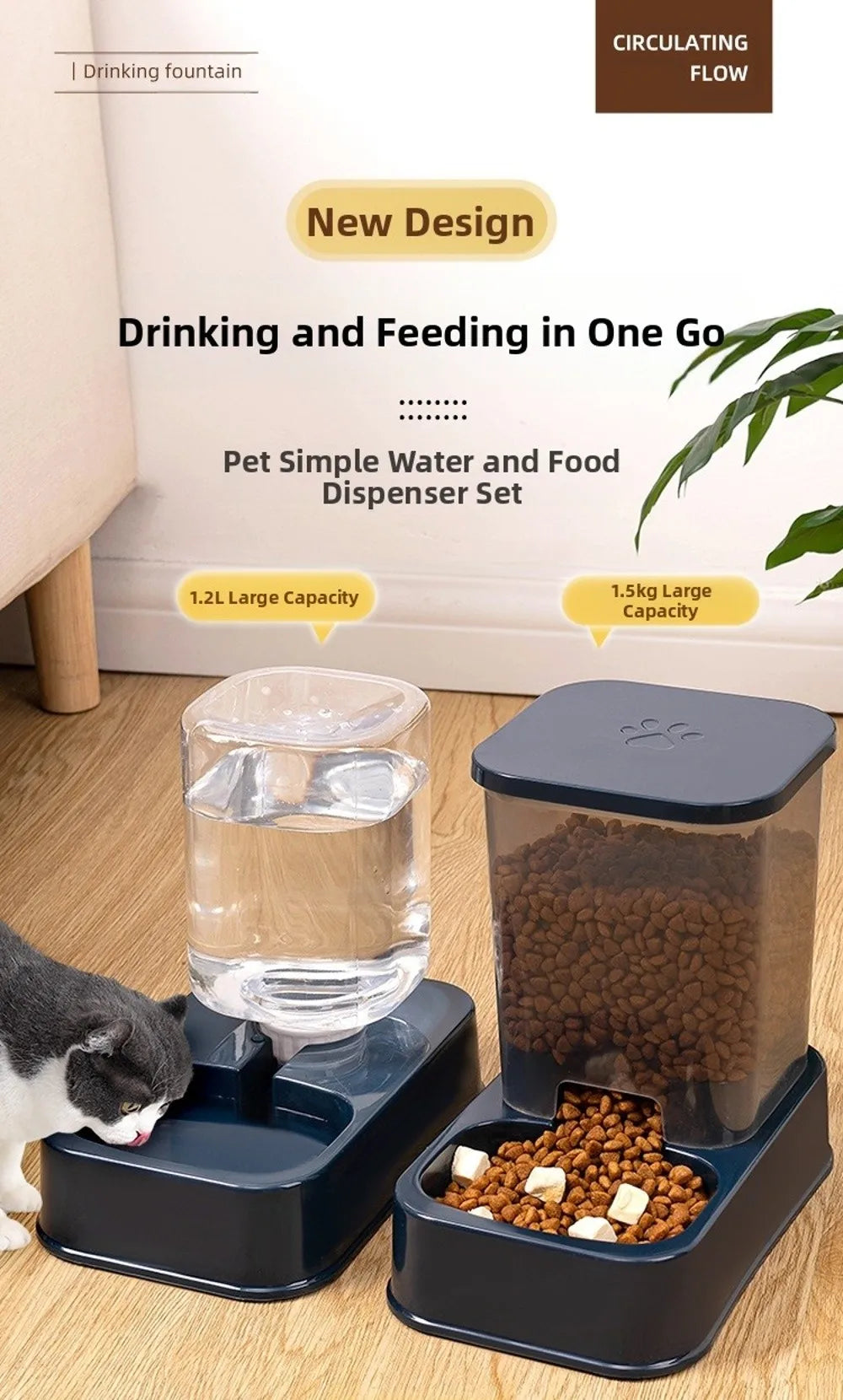 Comedero Automático con Dispensador de Agua para Mascotas – 1.5L Comida / 1.2L Agua – PP+PE