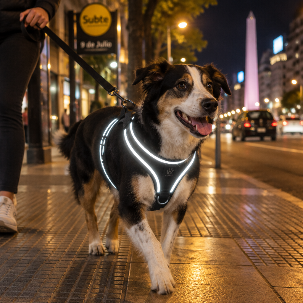 Perro paseando de noche con arnés reflectante