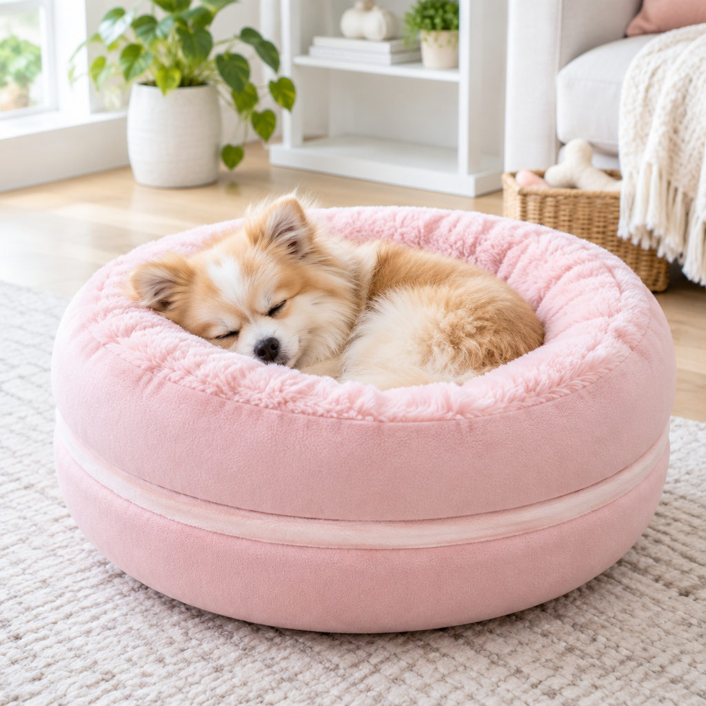 Perro durmiendo en cama macaron rosa