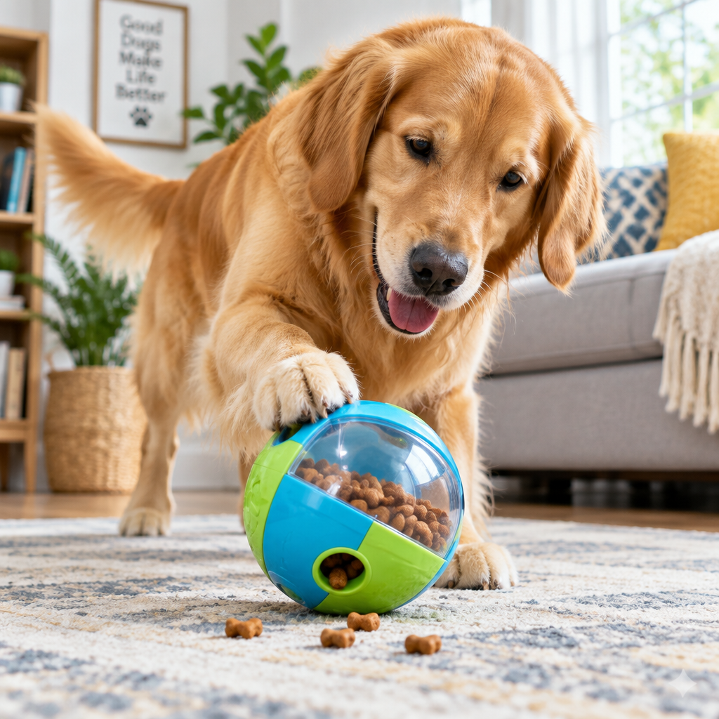Golden retriever jugando con pelota dispensadora de premios