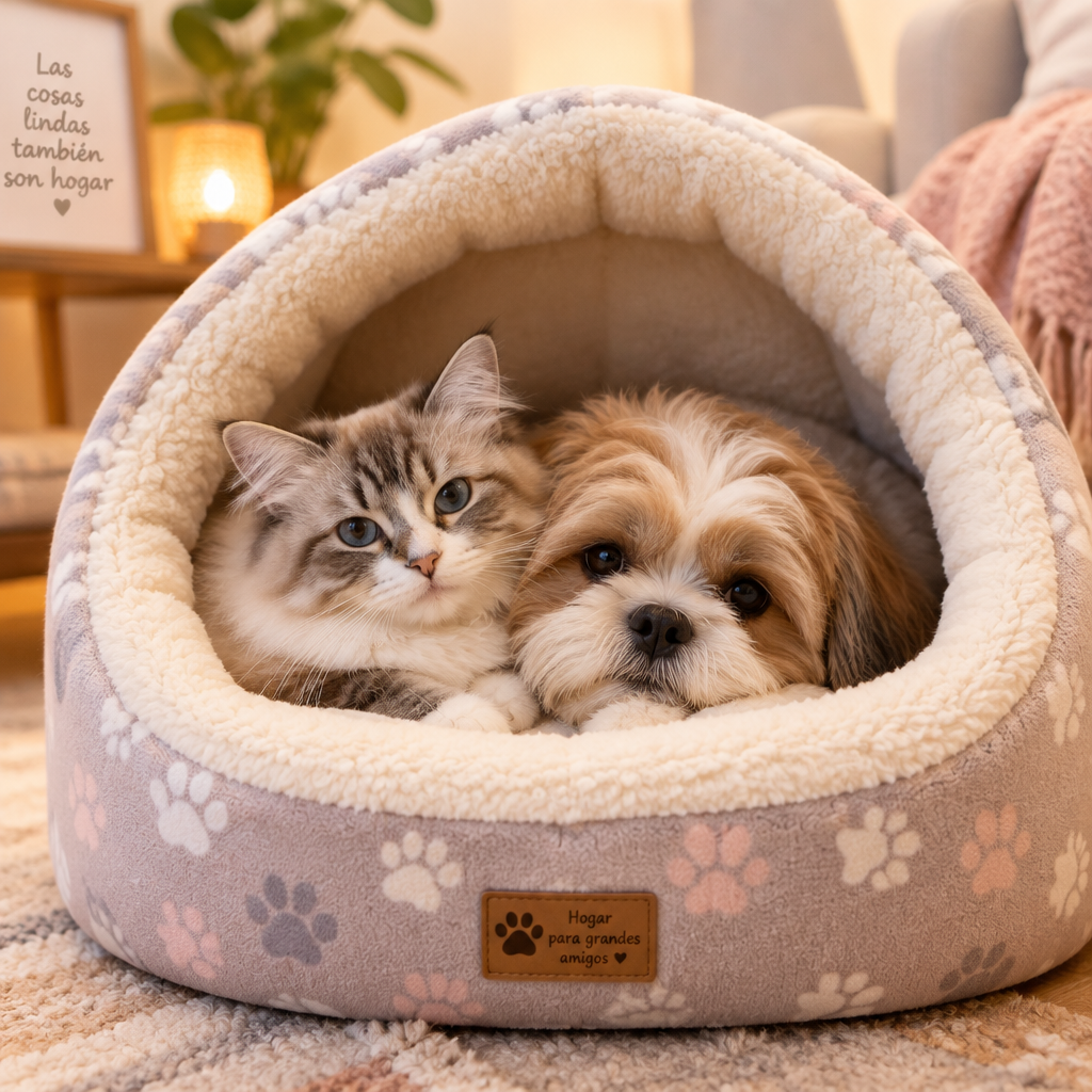 Gato y perro acurrucados en casita plegable cálida